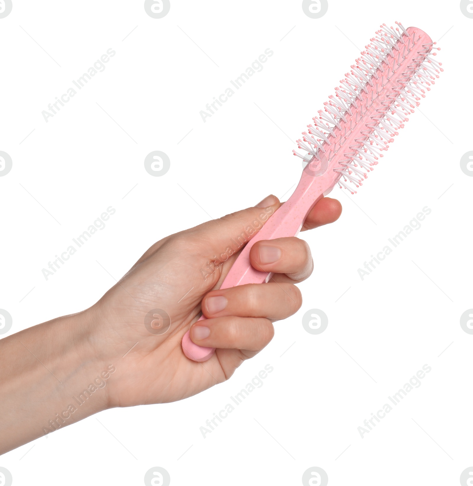 Photo of Woman with round pink hair brush on white background, closeup