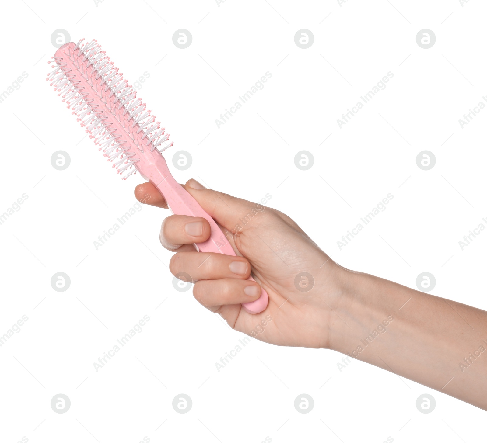 Photo of Woman with round pink hair brush on white background, closeup