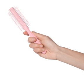 Photo of Woman with round pink hair brush on white background, closeup