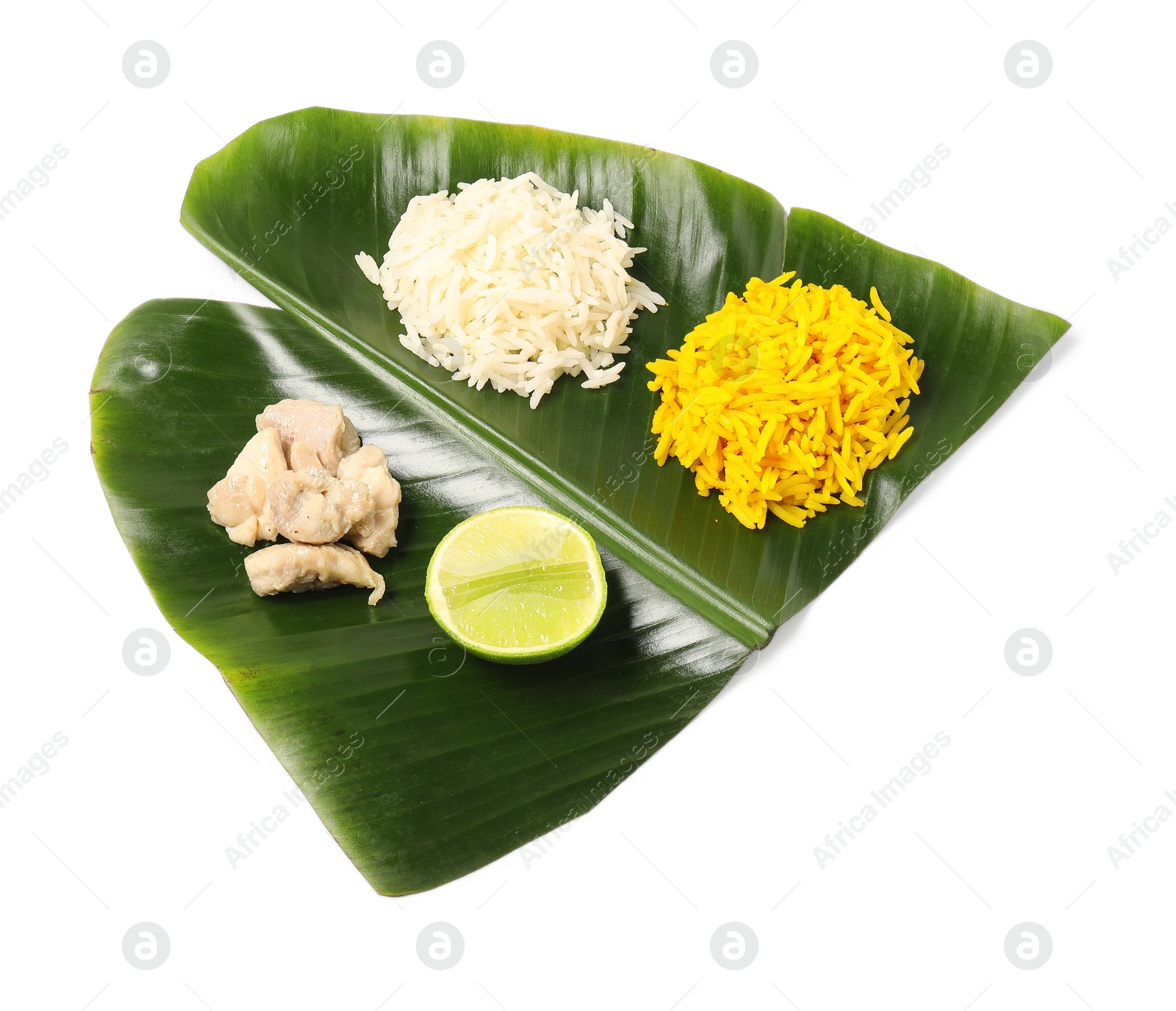 Photo of Cut banana leaf with different food isolated on white, above view. Healthy eco serving