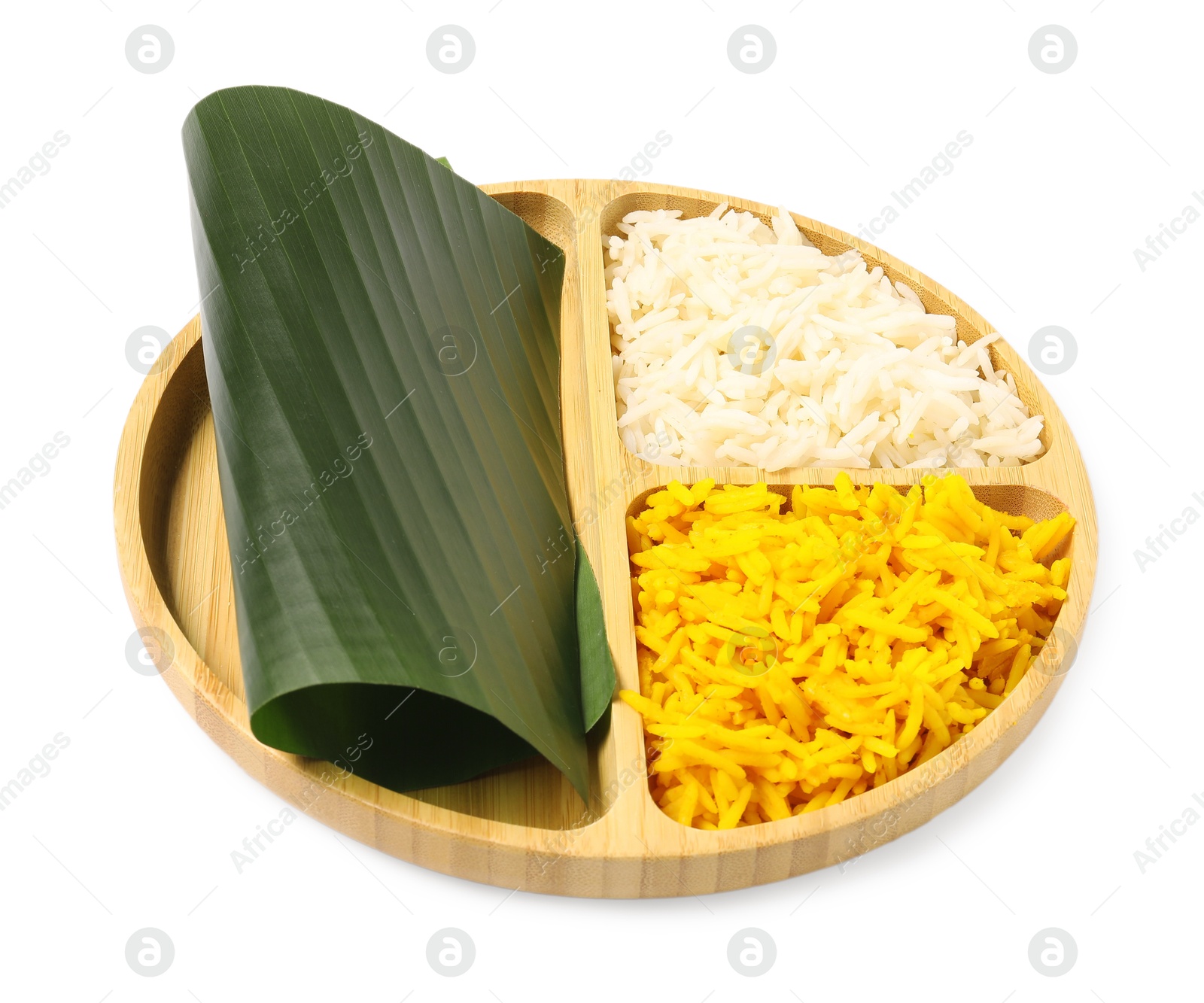 Photo of Divided plate with piece of banana leaf and rice isolated on white. Healthy eco serving