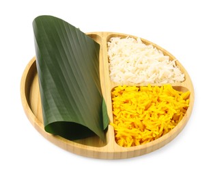 Divided plate with piece of banana leaf and rice isolated on white. Healthy eco serving