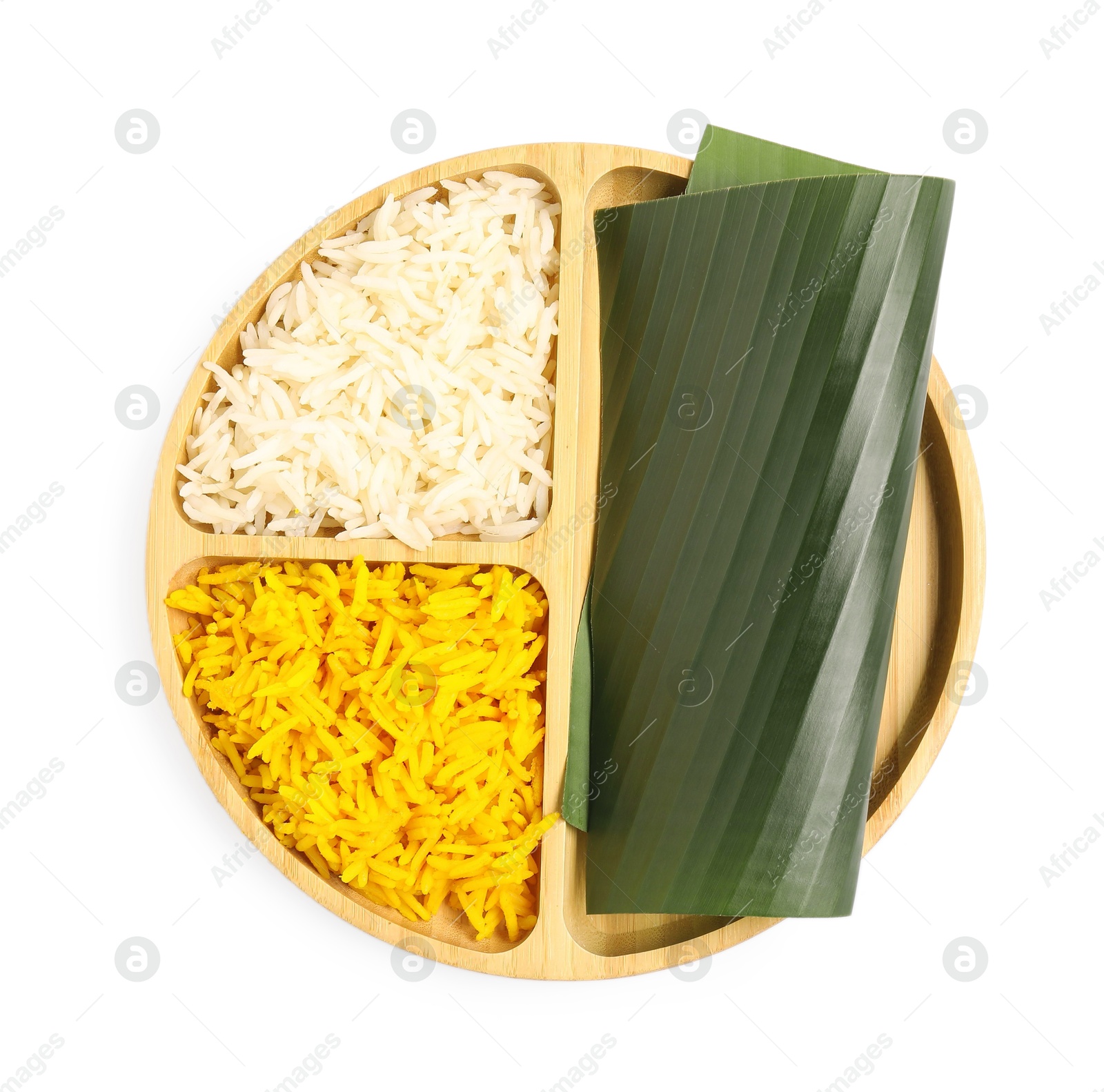 Photo of Divided plate with piece of banana leaf and rice isolated on white, top view. Healthy eco serving