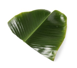 Photo of Cut banana leaf isolated on white, above view. Healthy eco serving