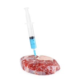 Photo of GMO concept. Piece of meat and syringe isolated on white