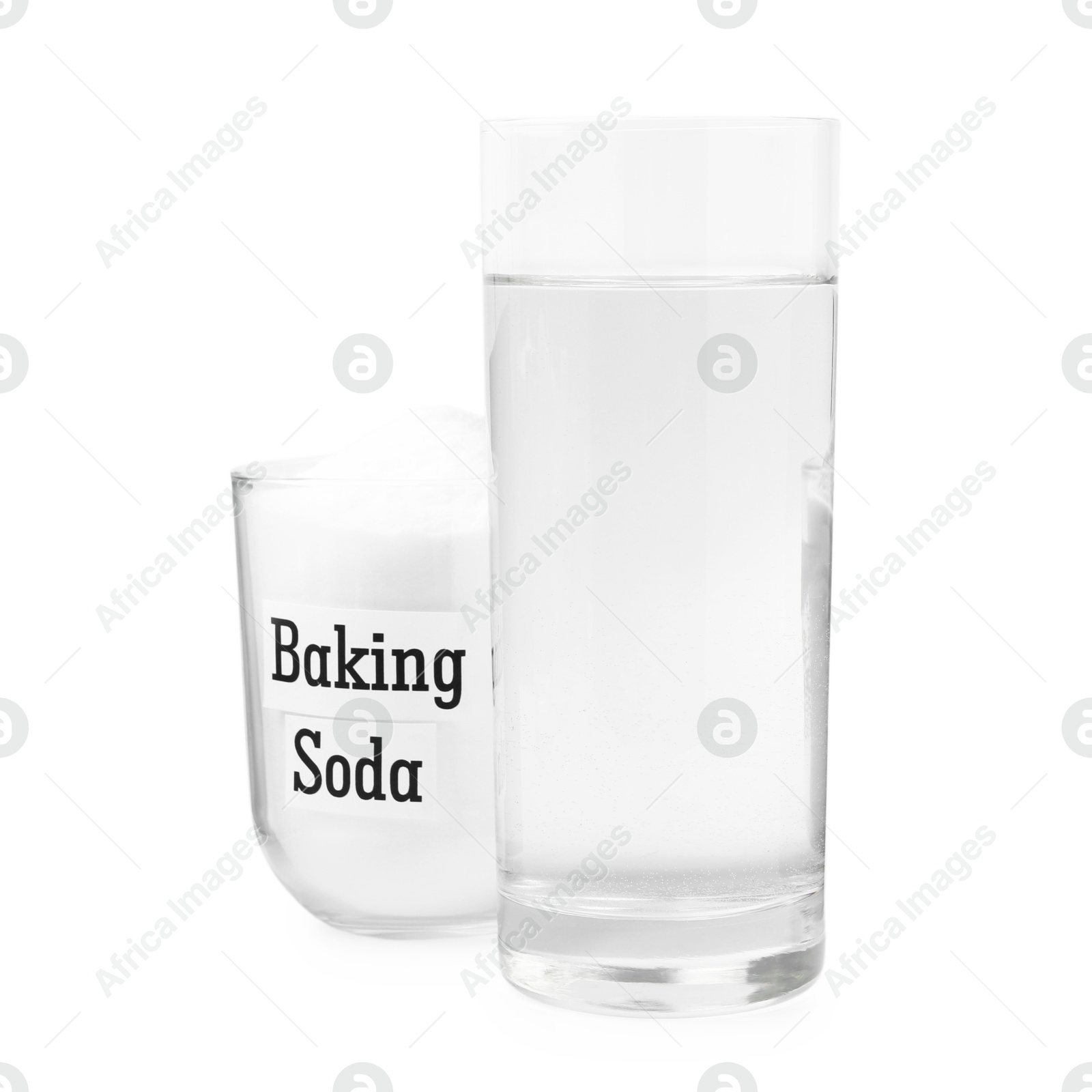 Photo of Glass of water and baking soda on white background