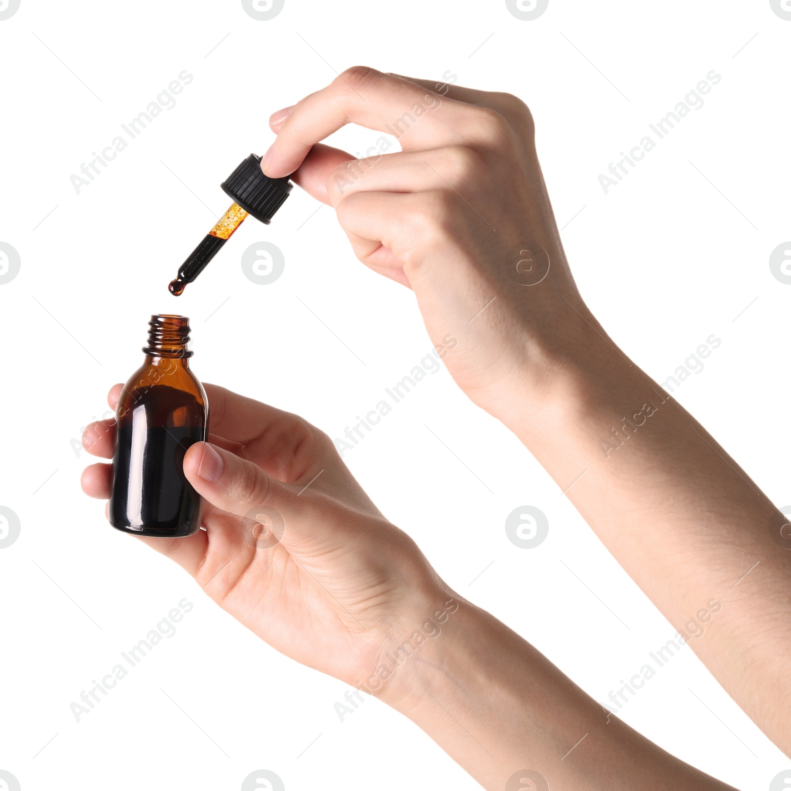 Photo of Woman with bottle of topical iodine on white background, closeup