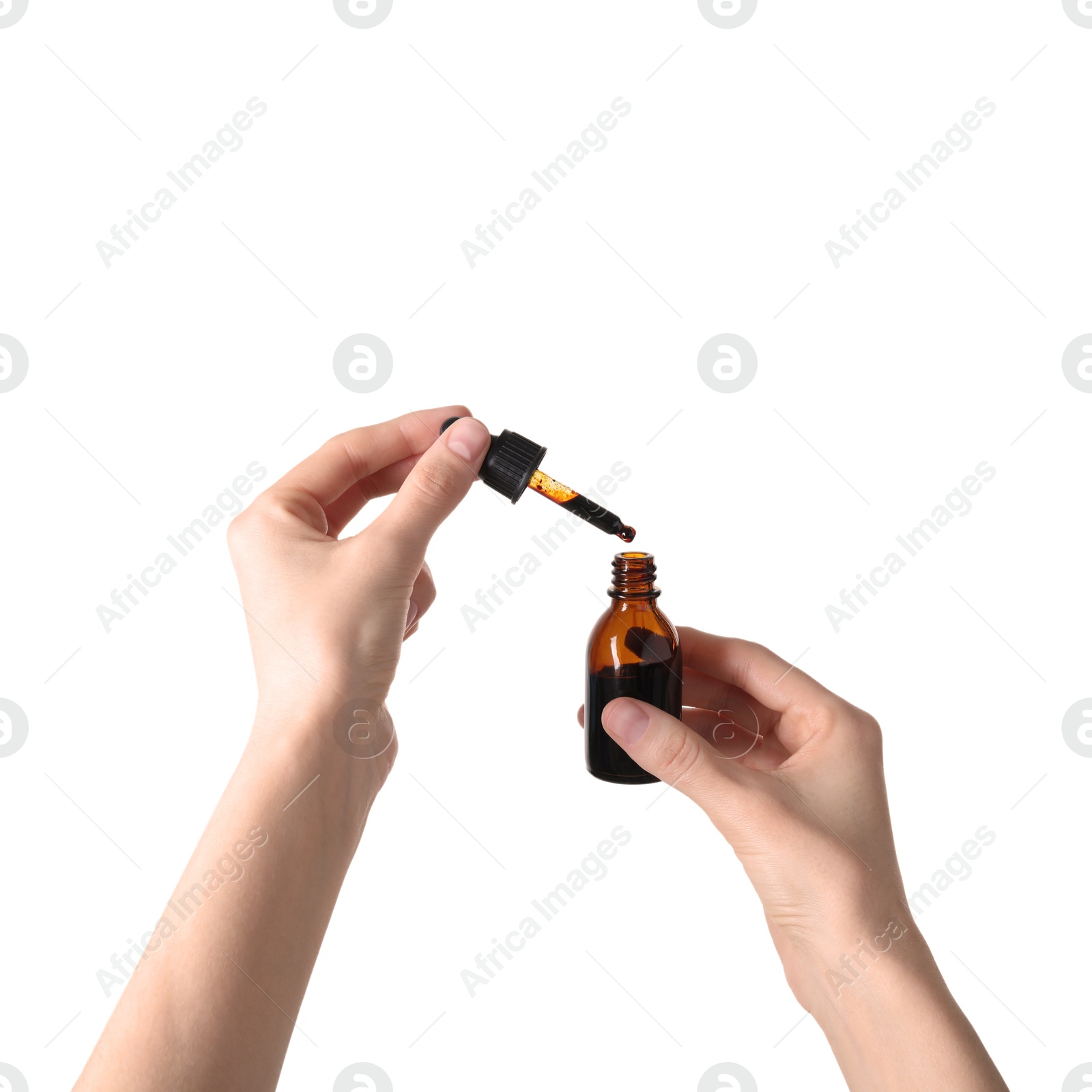 Photo of Woman with bottle of topical iodine on white background, closeup