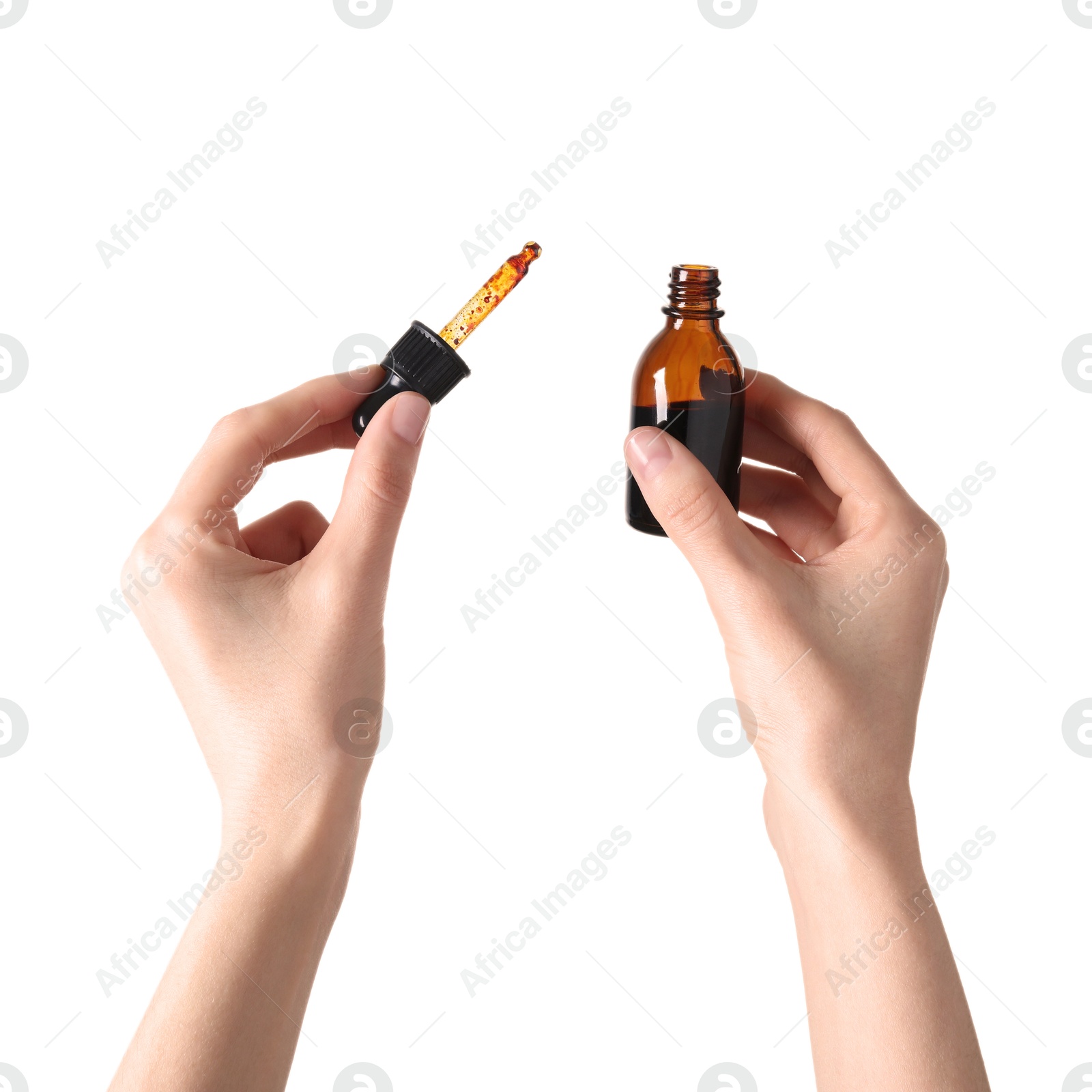 Photo of Woman with bottle of topical iodine on white background, closeup