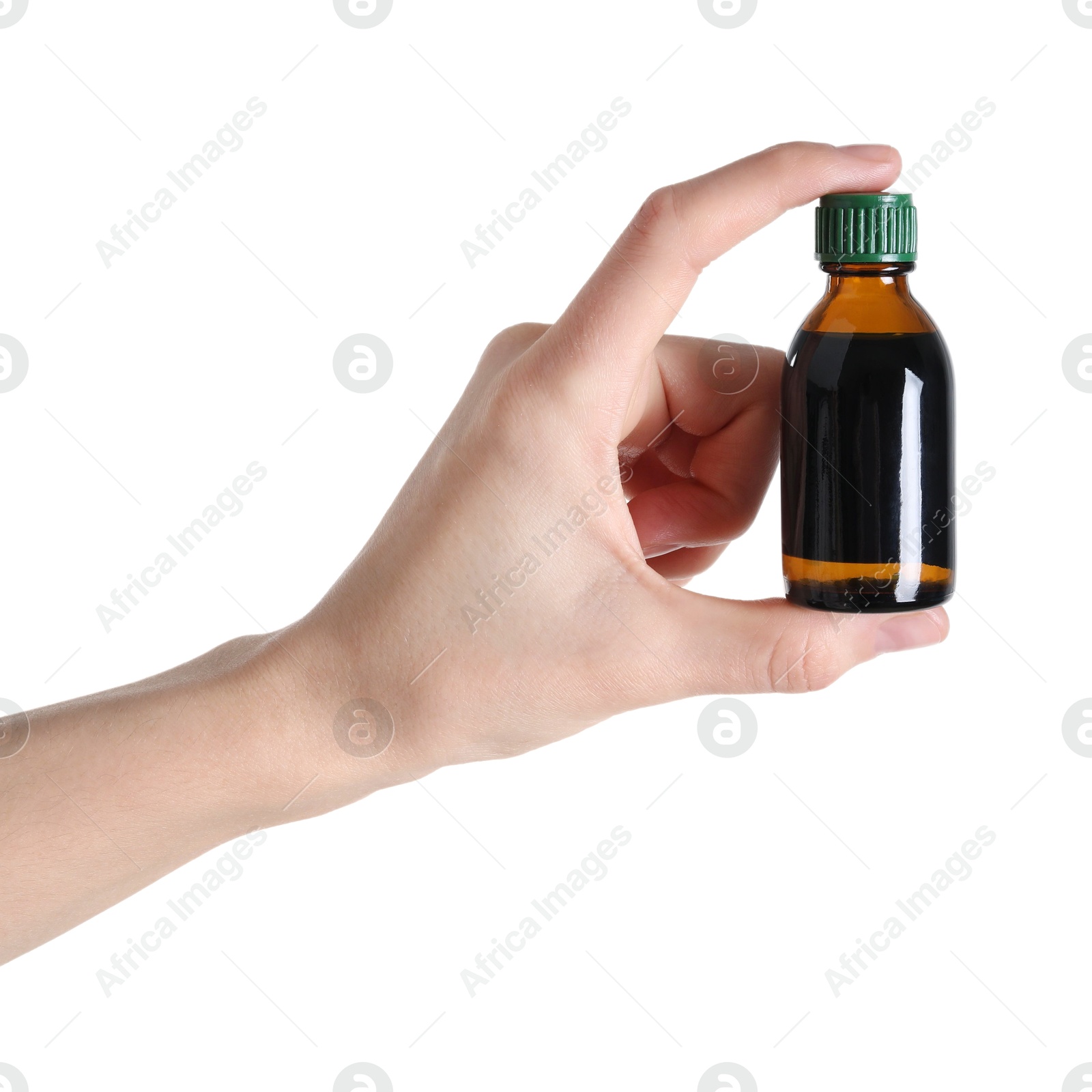 Photo of Woman with bottle of topical iodine on white background, closeup