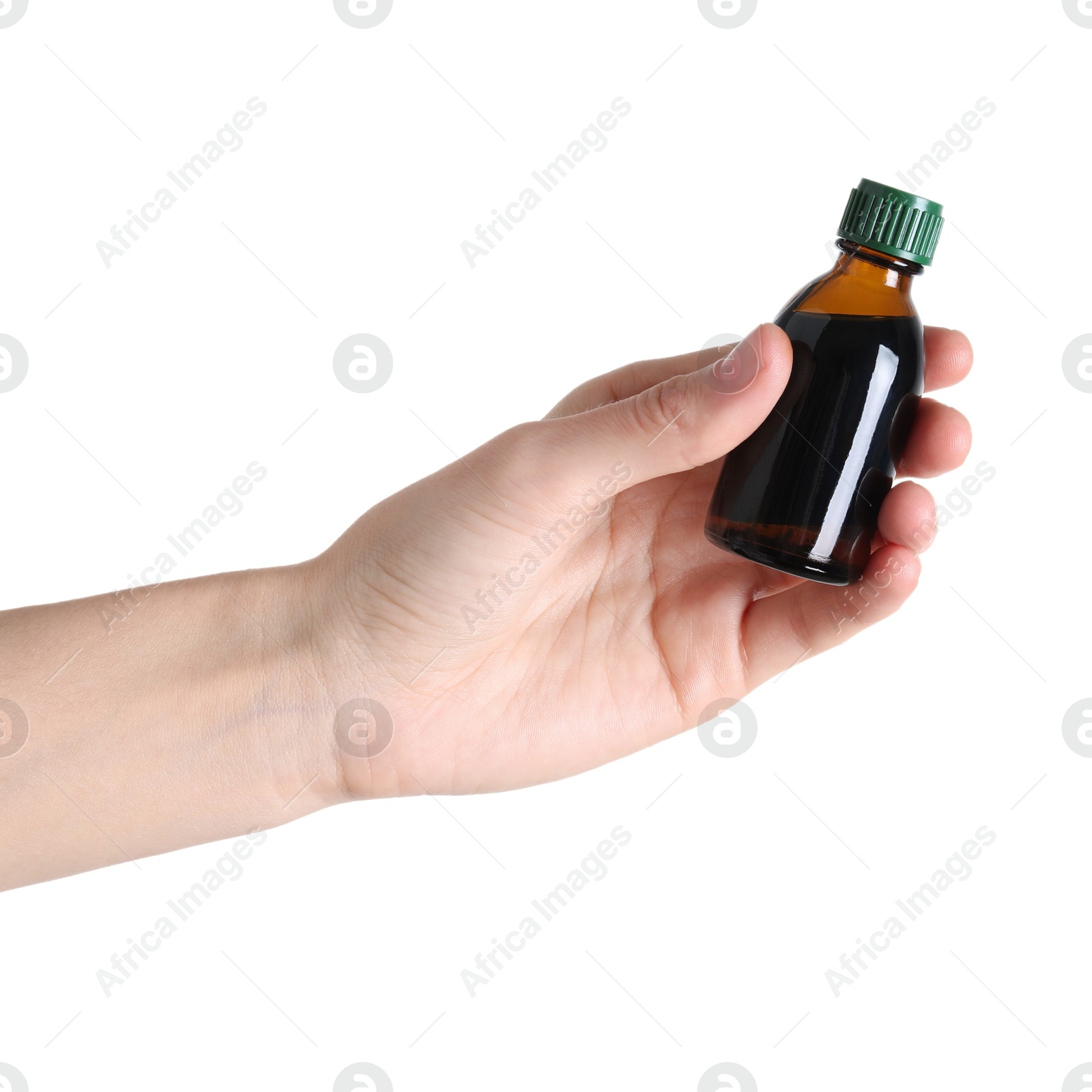 Photo of Woman with bottle of topical iodine on white background, closeup