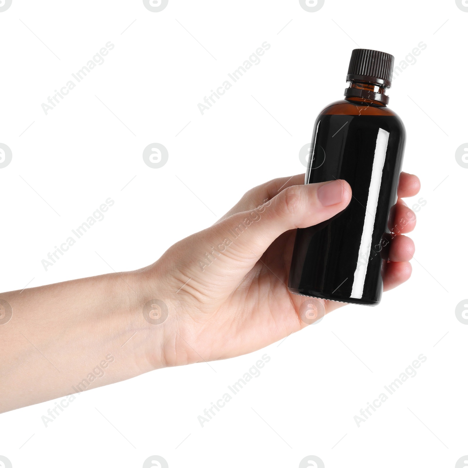 Photo of Woman with bottle of topical iodine on white background, closeup