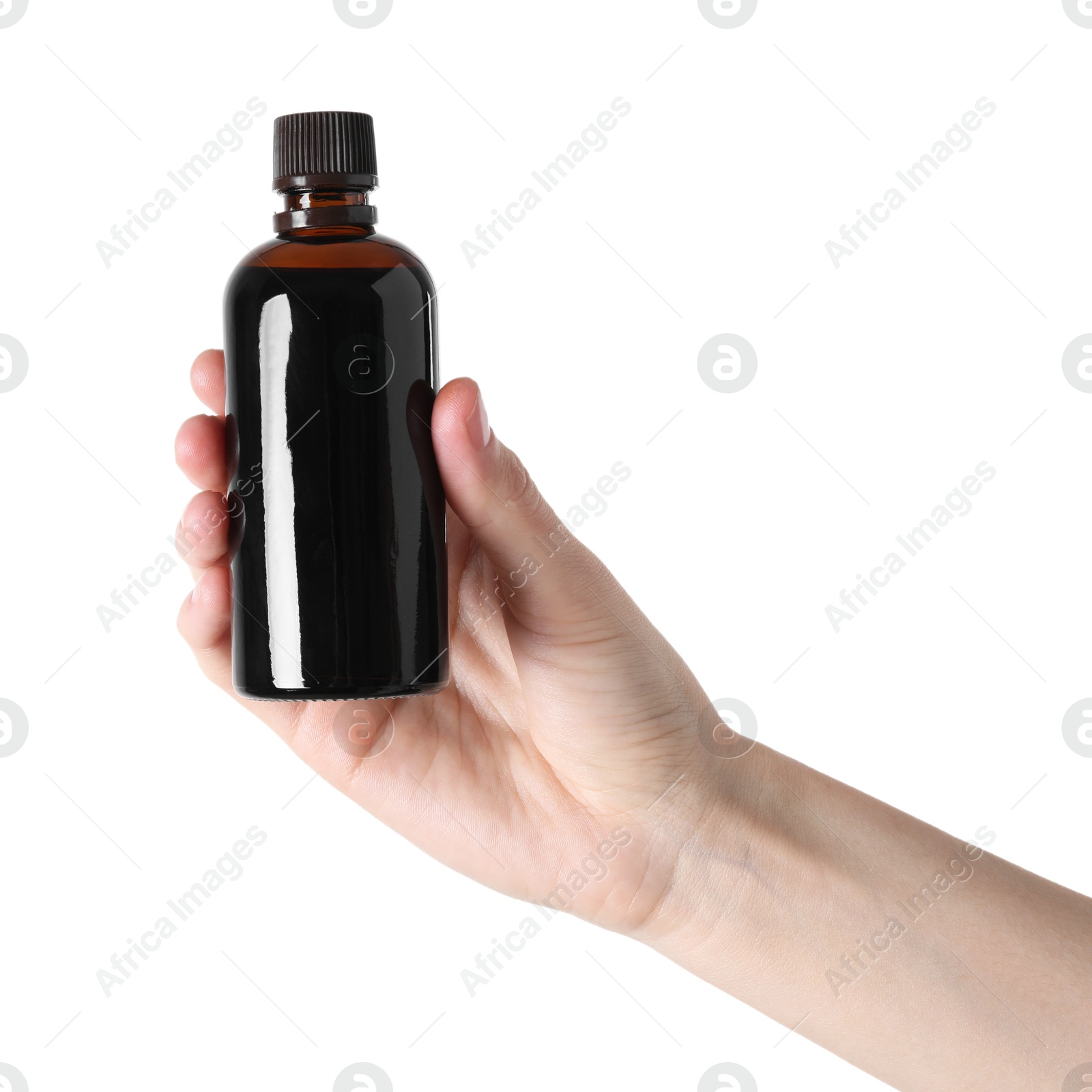 Photo of Woman with bottle of topical iodine on white background, closeup