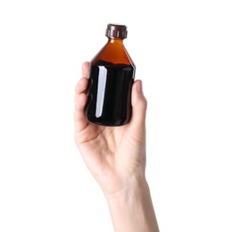 Photo of Woman with bottle of topical iodine on white background, closeup