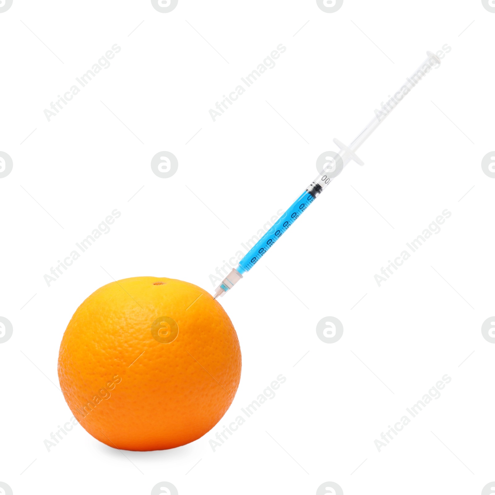 Photo of GMO concept. Fresh orange and syringe isolated on white