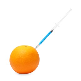 Photo of GMO concept. Fresh orange and syringe isolated on white