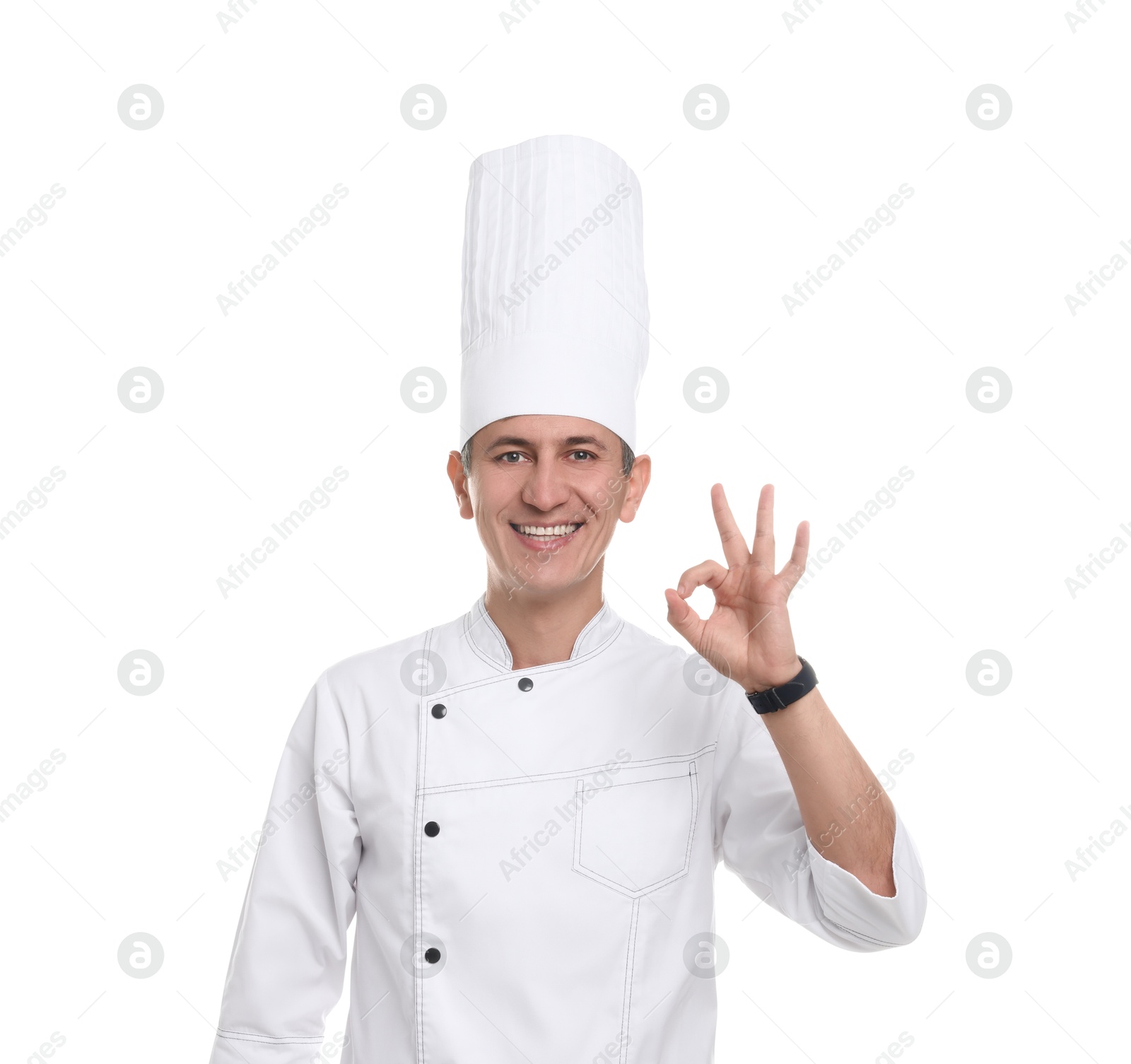 Photo of Professional chef showing okay gesture on white background