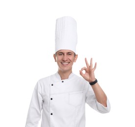 Photo of Professional chef showing okay gesture on white background