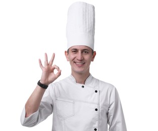 Photo of Professional chef showing okay gesture on white background