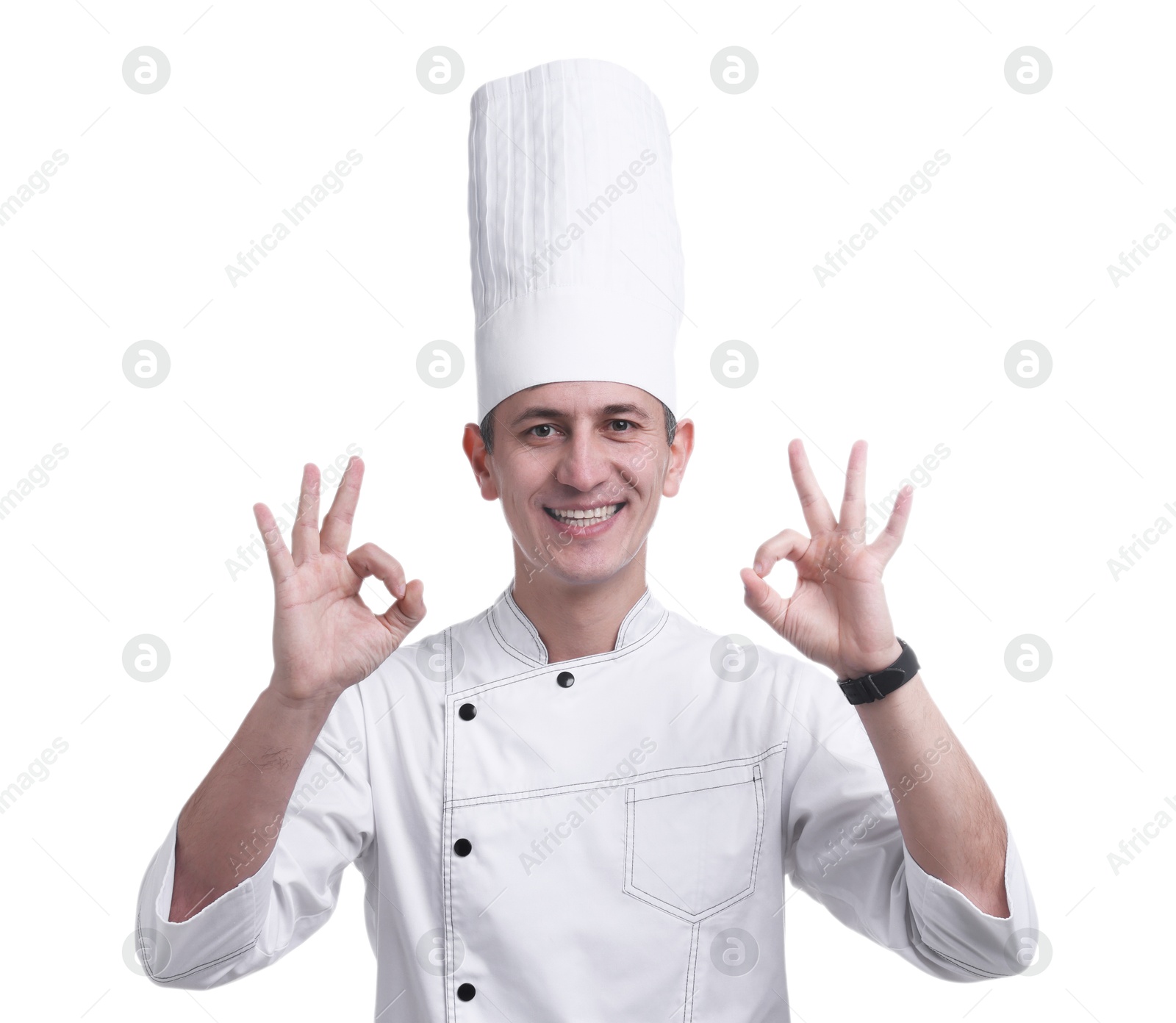 Photo of Professional chef showing okay gesture on white background