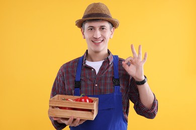 Photo of Farmer with vegetables showing okay gesture on orange background