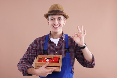 Photo of Farmer with vegetables showing okay gesture on light brown background