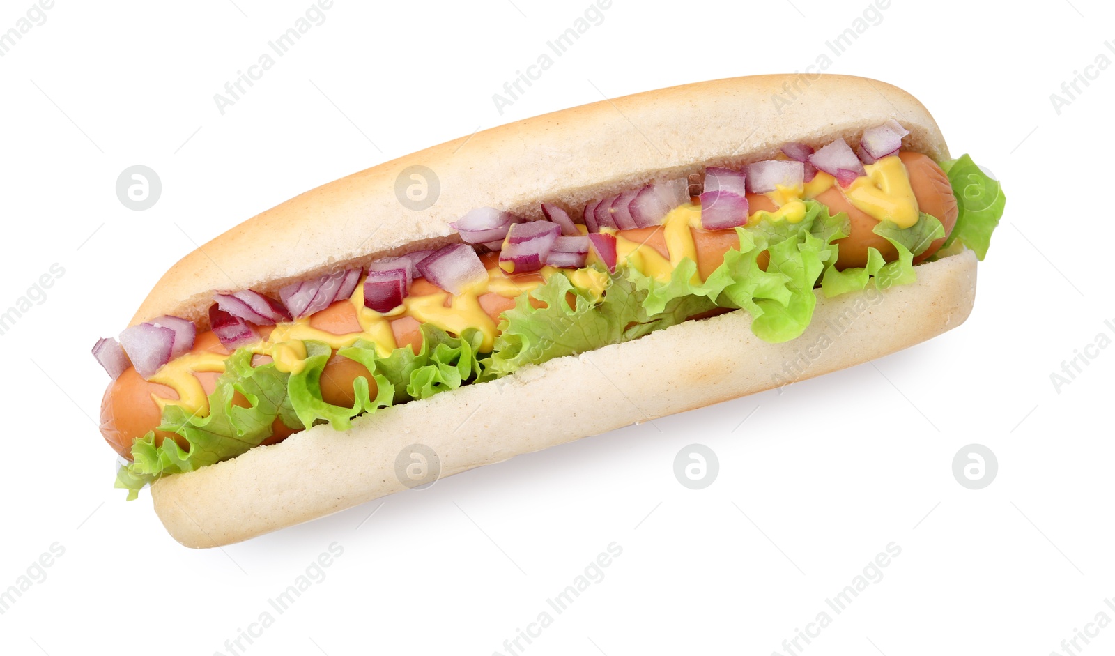 Photo of Tasty hot dog with lettuce and onion isolated on white, top view