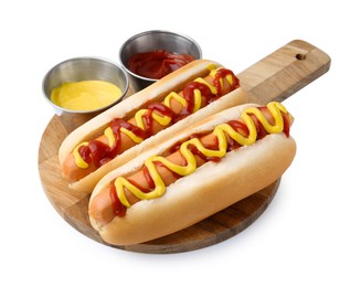 Photo of Tasty hot dogs with ketchup and mustard isolated on white