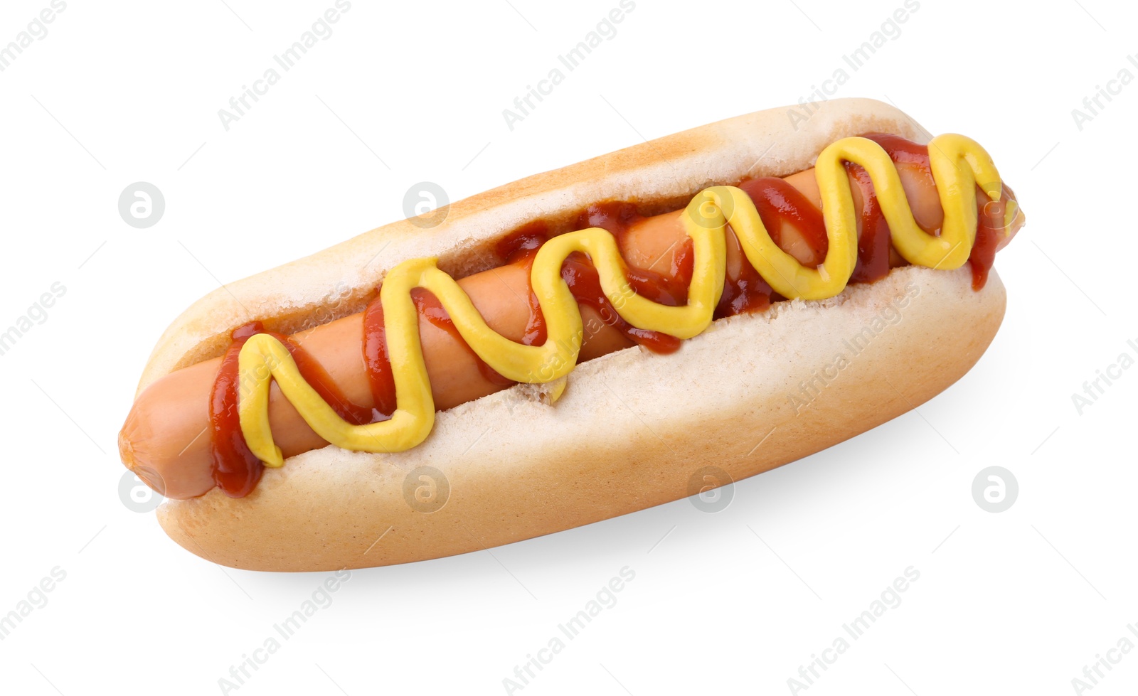 Photo of Tasty hot dog with ketchup and mustard isolated on white