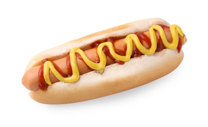 Photo of Tasty hot dog with ketchup and mustard isolated on white