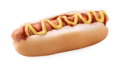 Photo of Tasty hot dog with ketchup and mustard isolated on white