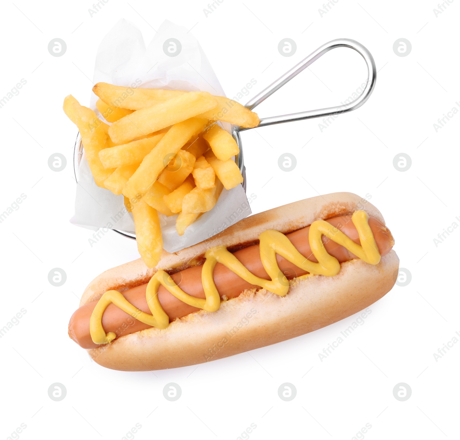 Photo of Tasty hot dog with fries isolated on white, top view