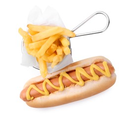 Photo of Tasty hot dog with fries isolated on white, top view