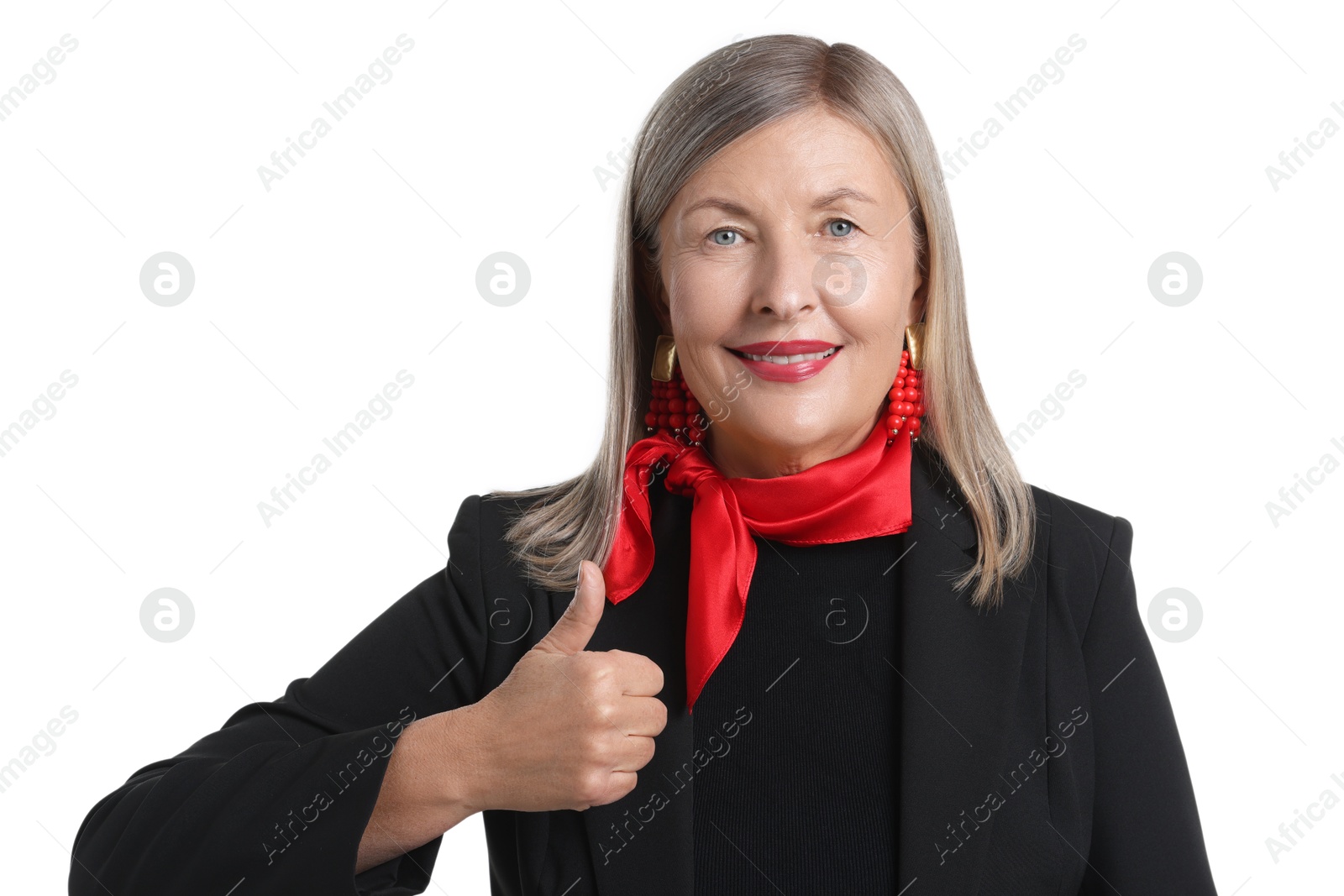 Photo of Senior woman showing thumbs up on white background