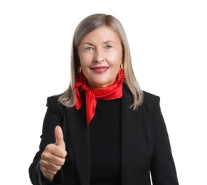 Photo of Senior woman showing thumbs up on white background