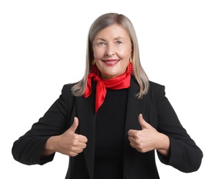 Photo of Senior woman showing thumbs up on white background