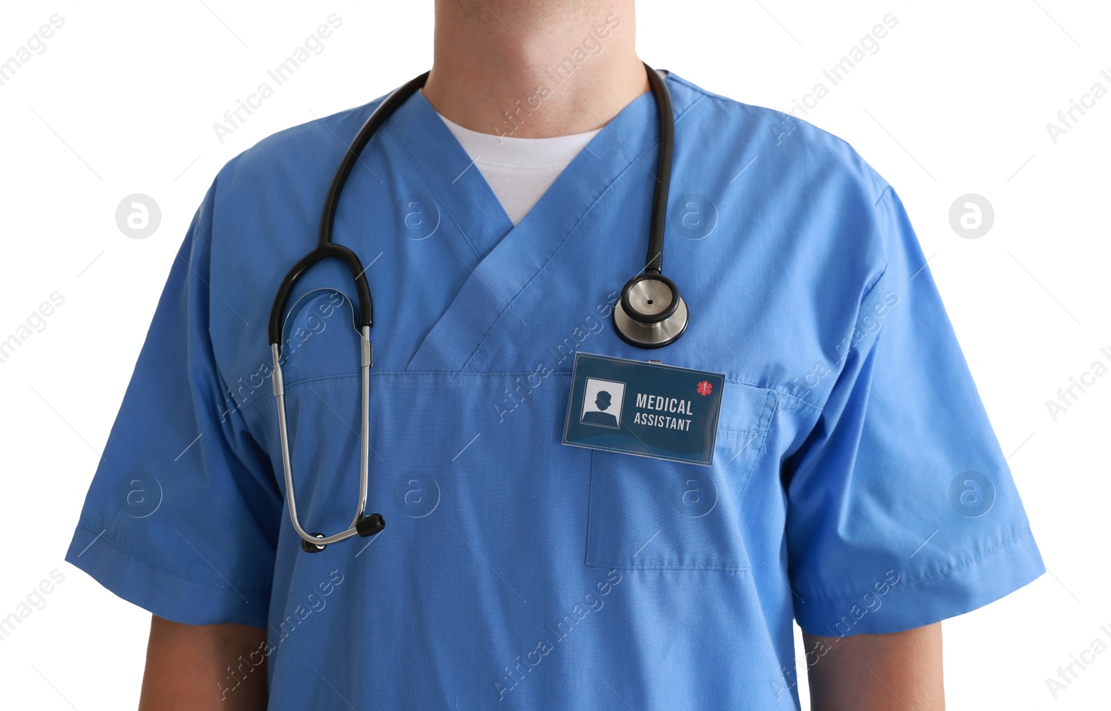 Photo of Medical assistant with badge on white background, closeup