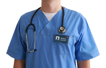 Photo of Medical assistant with badge on white background, closeup