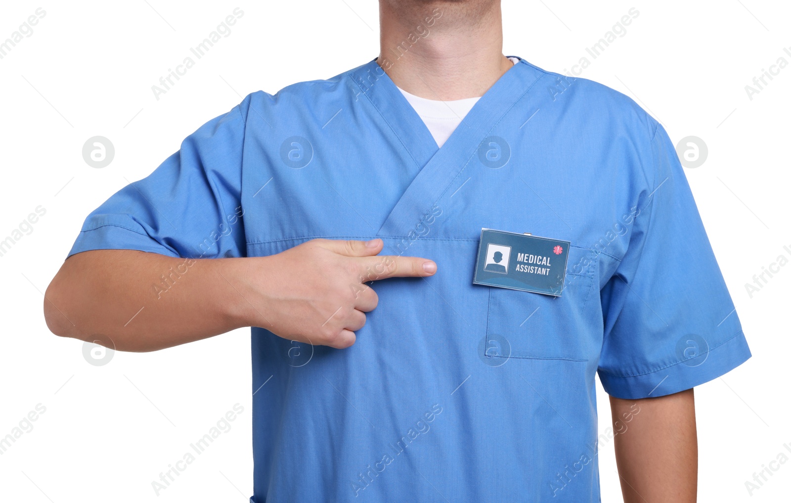 Photo of Medical assistant with badge on white background, closeup