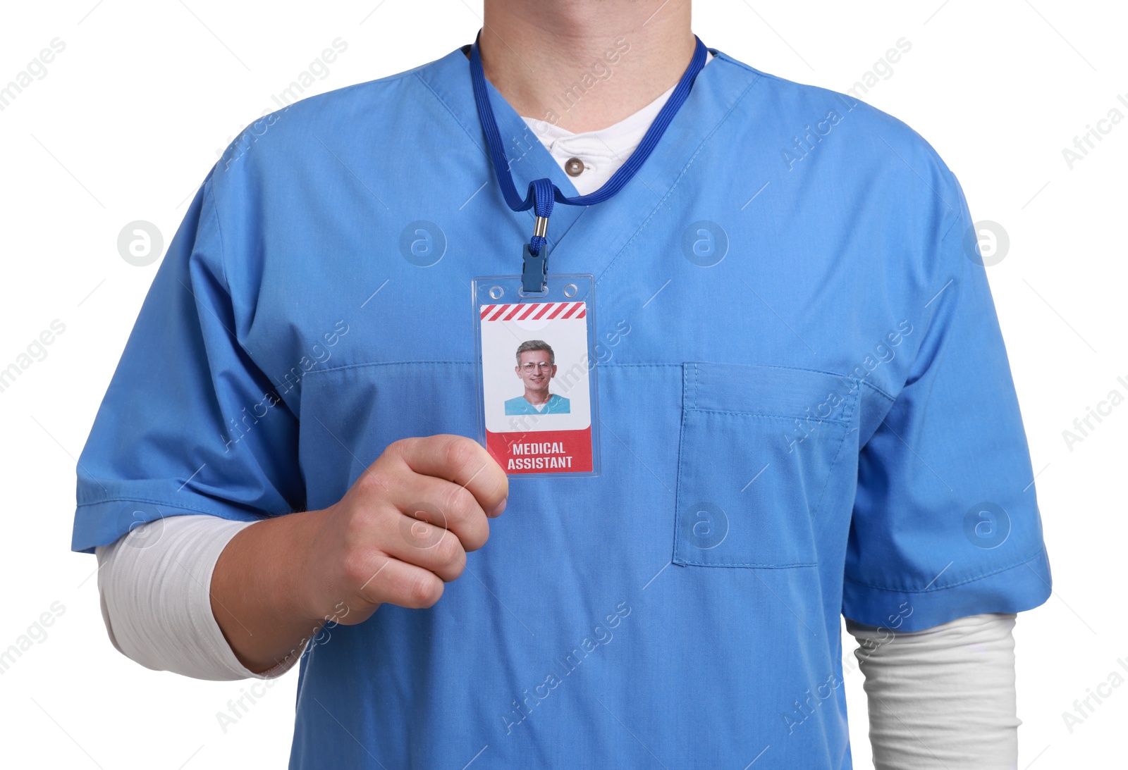 Photo of Medical assistant with badge on white background, closeup