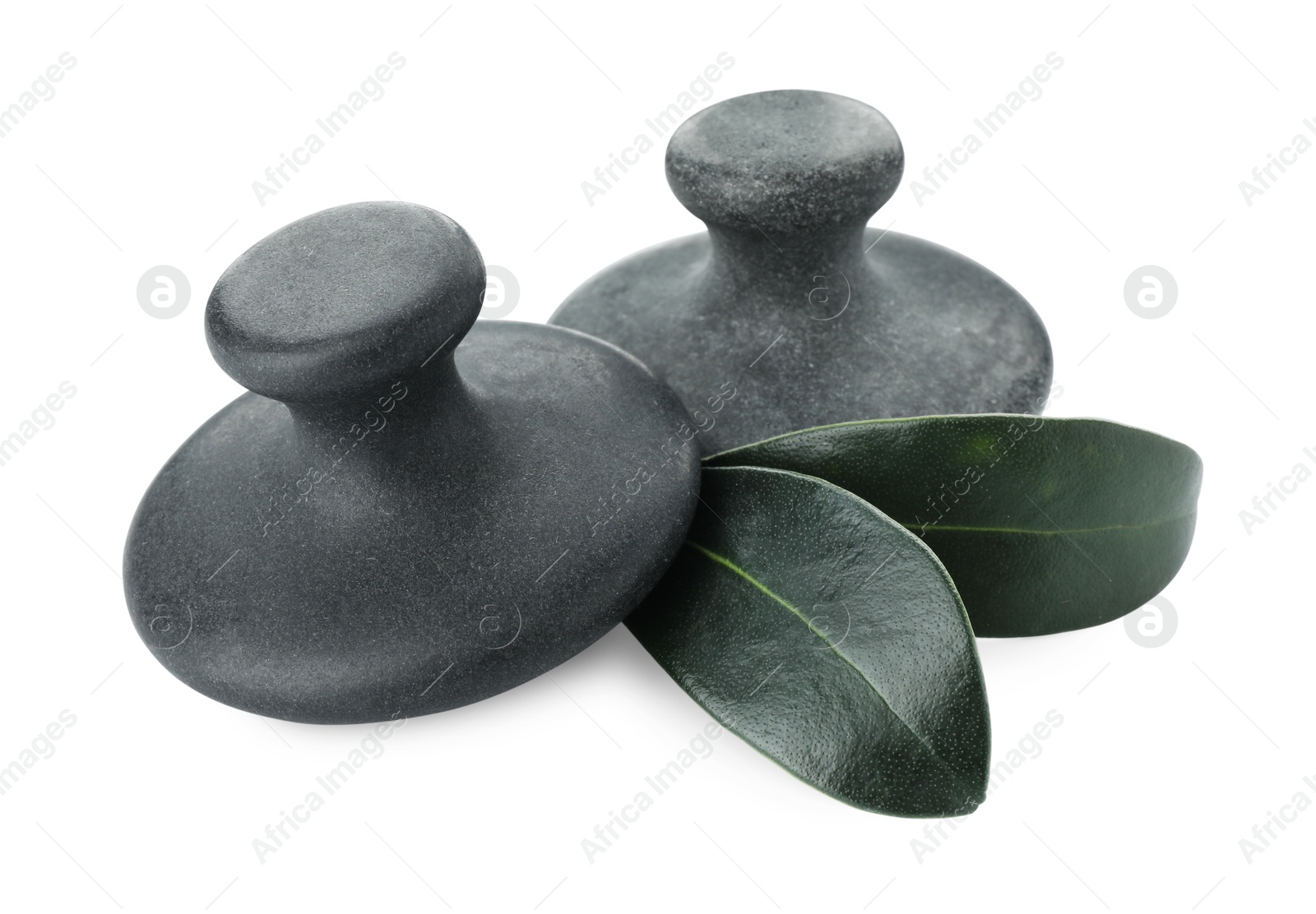 Photo of Spa stones and green leaves isolated on white