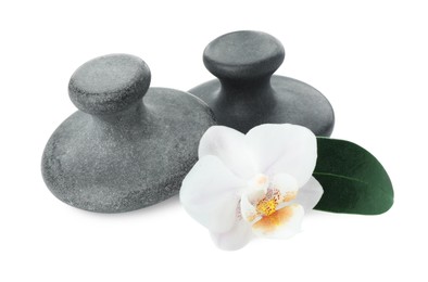 Photo of Spa stones, orchid flower and green leaf isolated on white