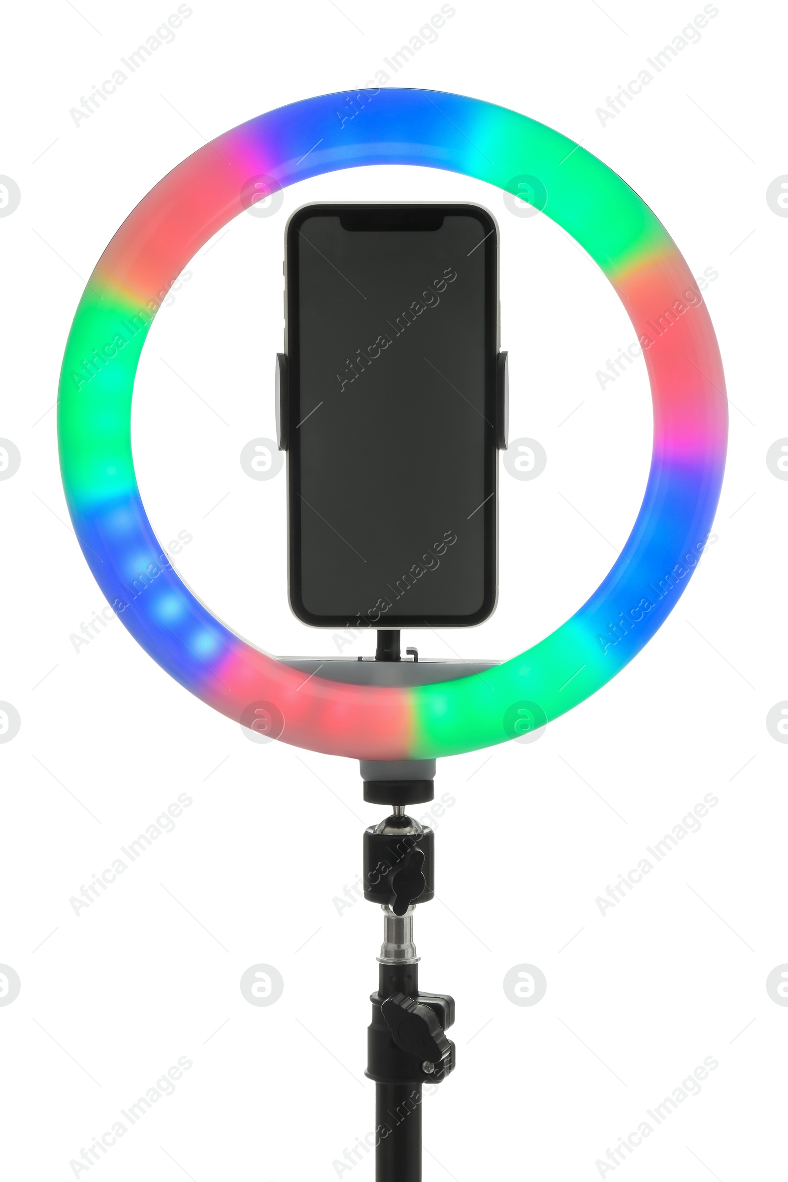 Photo of Tripod with ring light and smartphone isolated on white