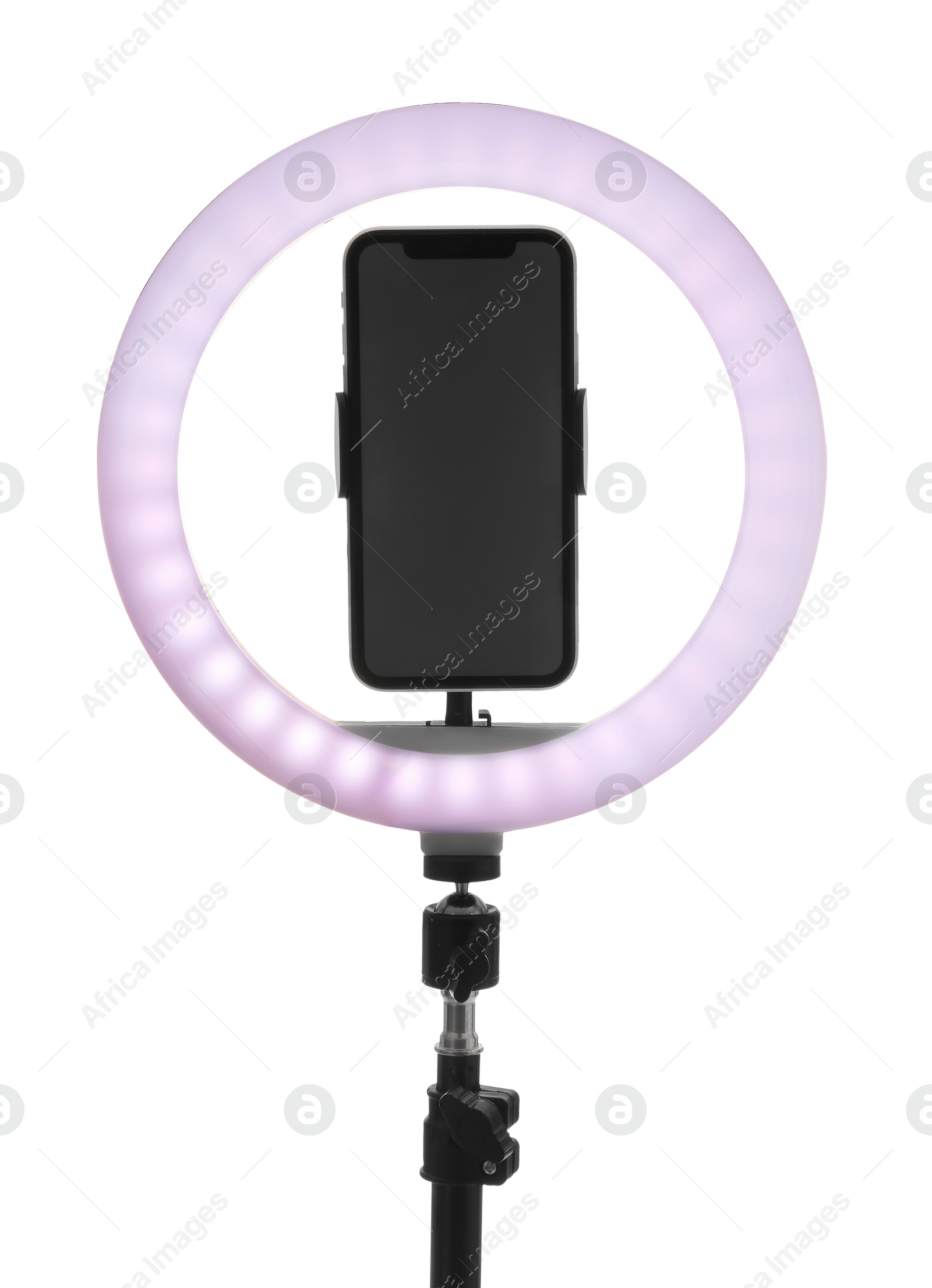 Photo of Tripod with ring light and smartphone isolated on white