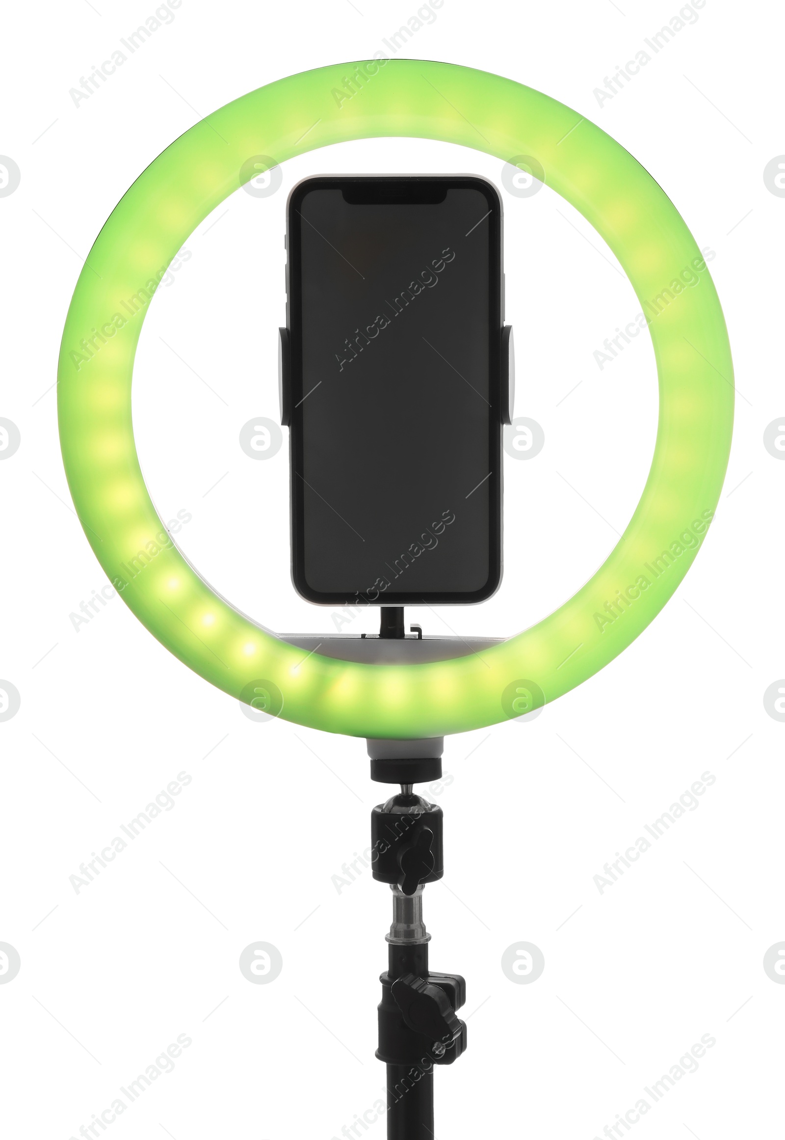 Photo of Tripod with ring light and smartphone isolated on white