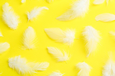 Photo of Beautiful fluffy feathers on yellow background, flat lay