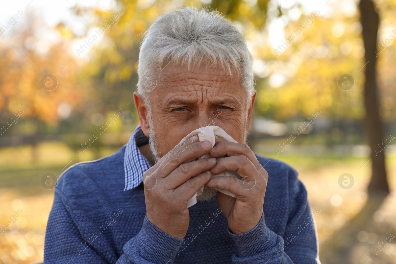 Photo of Senior man with tissue blowing runny nose in park