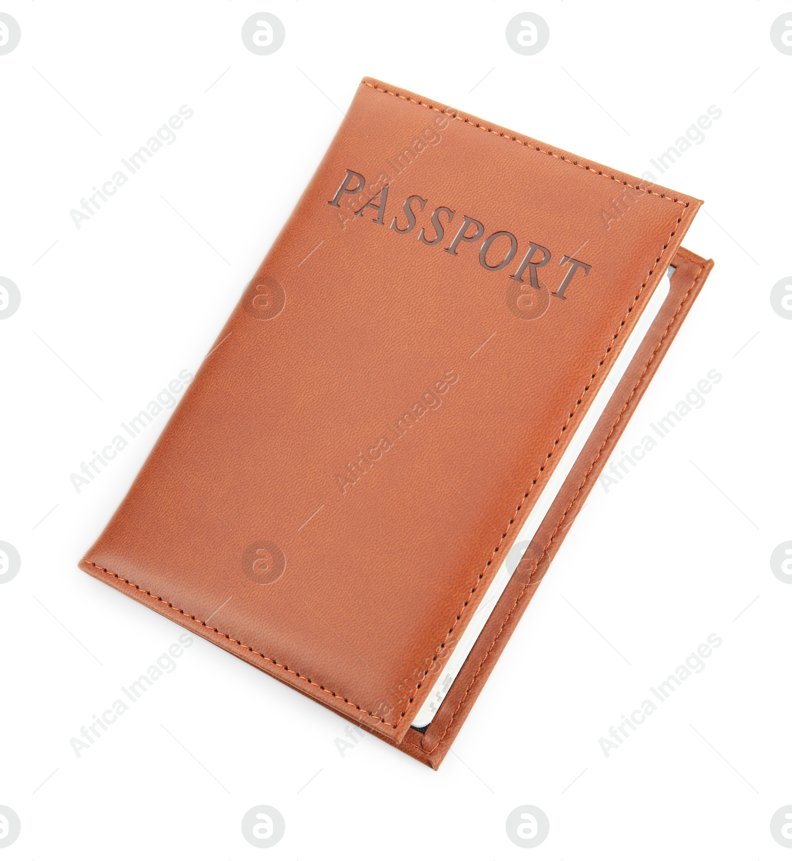 Photo of Passport in brown cover isolated on white, top view