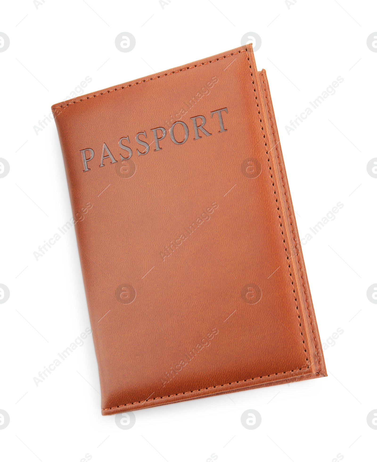 Photo of Passport in brown cover isolated on white, top view