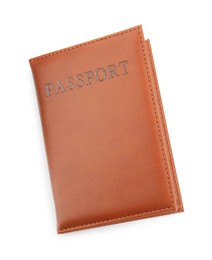 Photo of Passport in brown cover isolated on white, top view